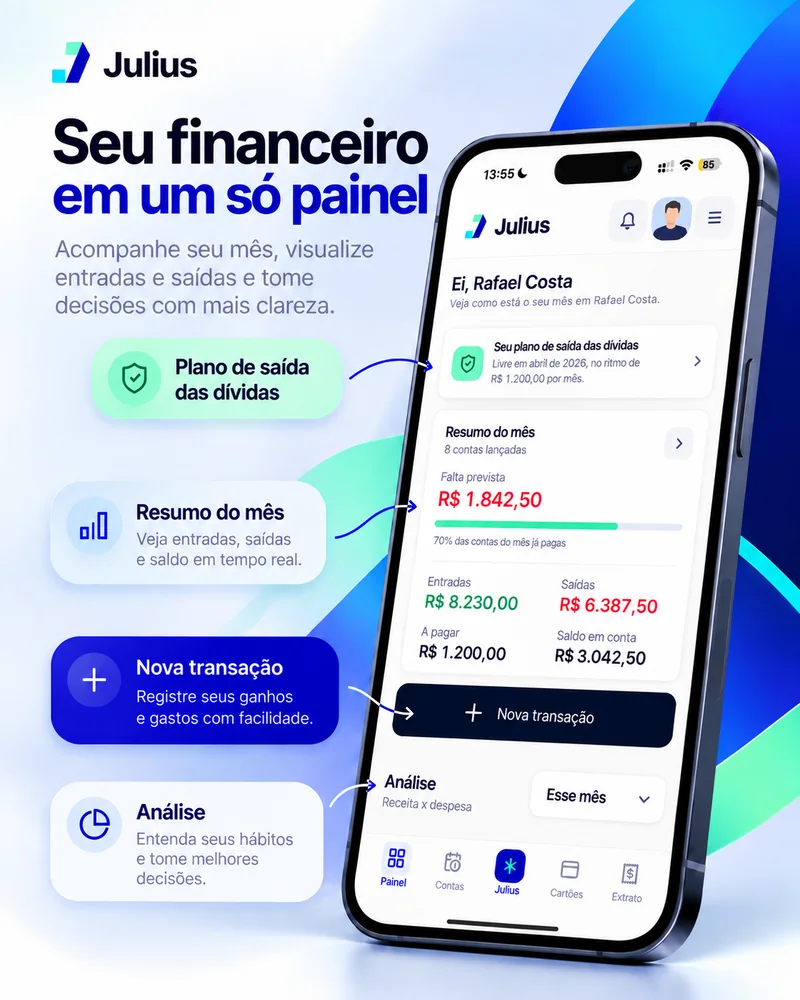 Seu financeiro em um só painel: plano de saída das dívidas, resumo do mês, nova transação e análise