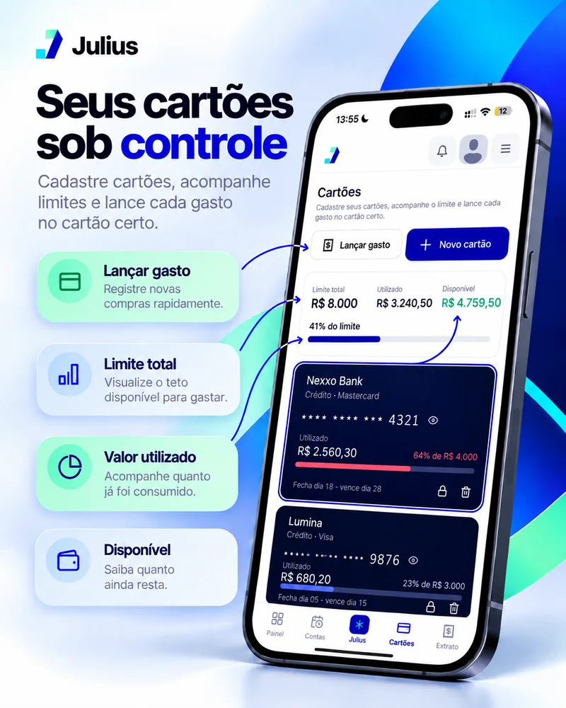 Seus cartões sob controle: lançar gasto, limite total, valor utilizado e disponível