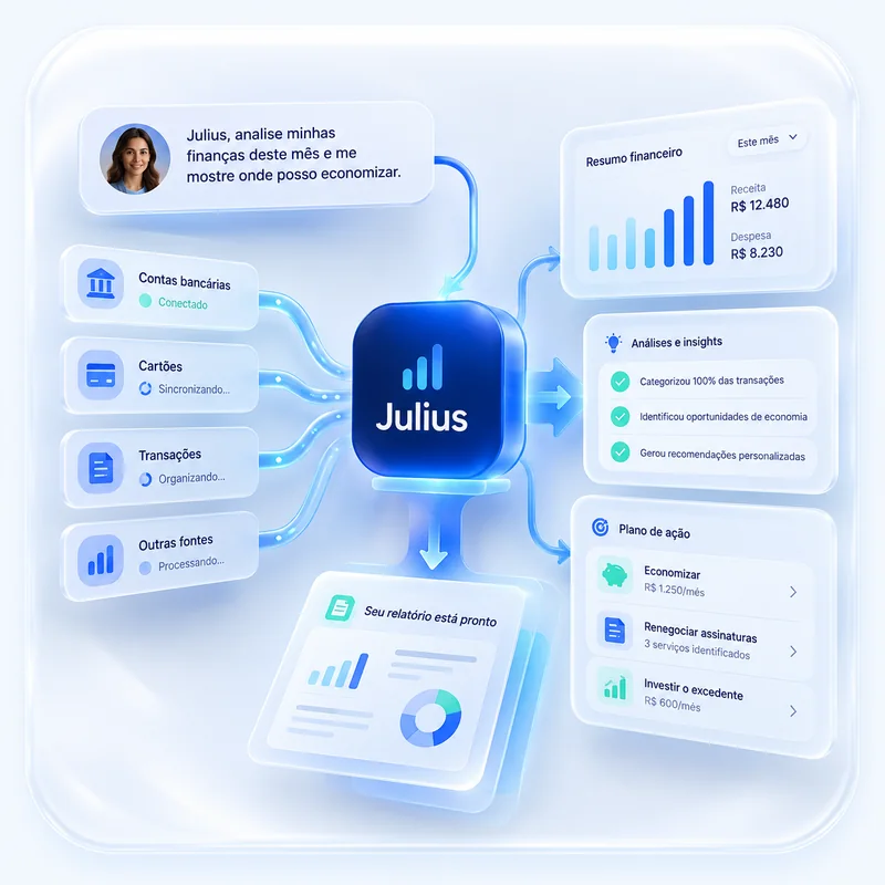 Julius conectando contas, cartões e transações para gerar análises
